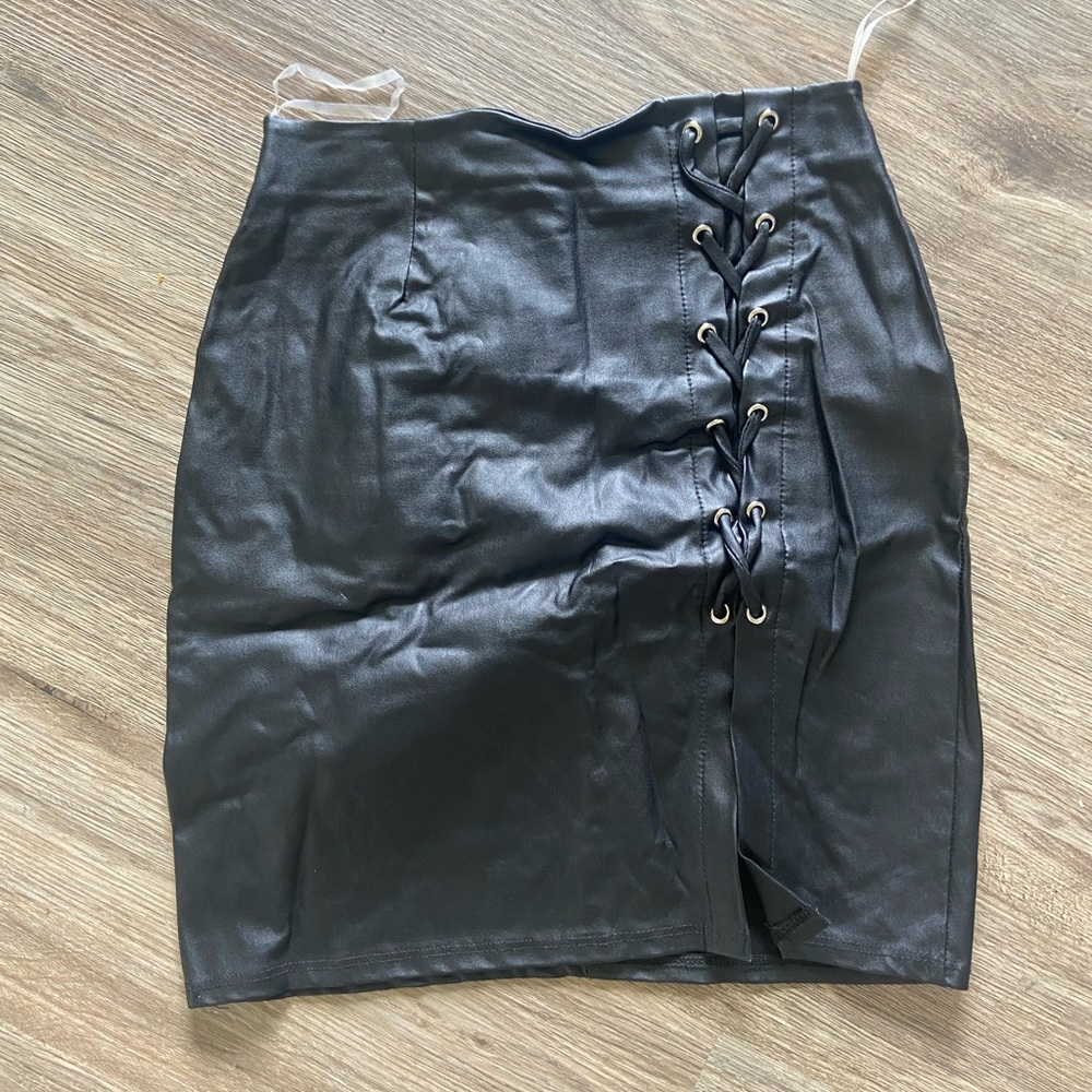 Black leather mini skirt